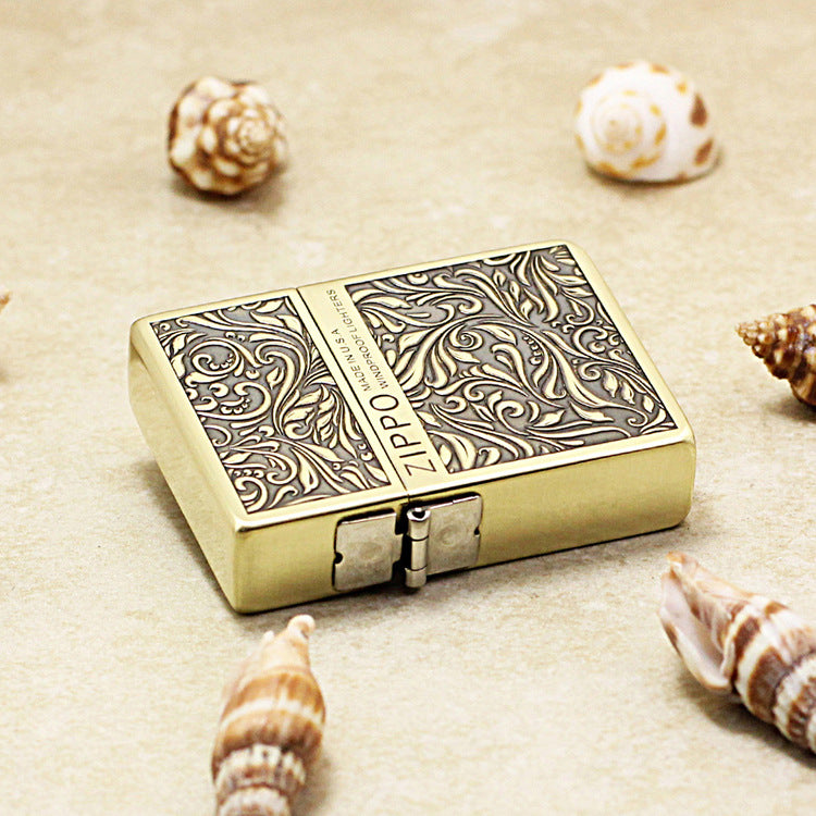 Zippo 1935 Flat Top Brass Deep Carved Arabesque Scroll - CC117
