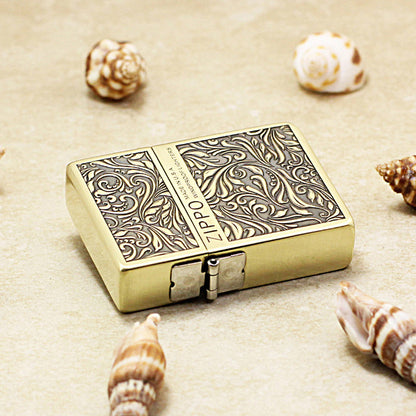 Zippo 1935 Flat Top Brass Deep Carved Arabesque Scroll - CC117