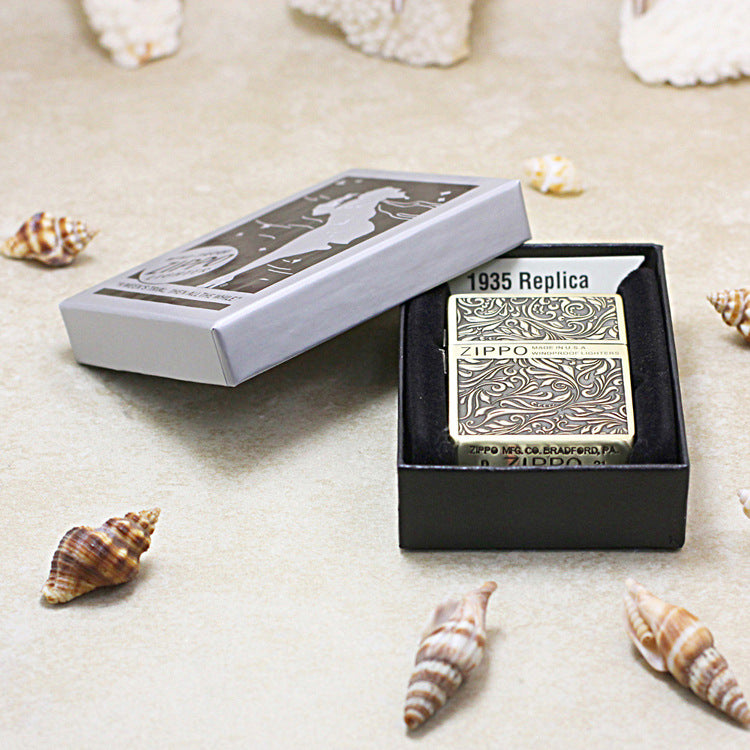 Zippo 1935 Flat Top Brass Deep Carved Arabesque Scroll - CC117