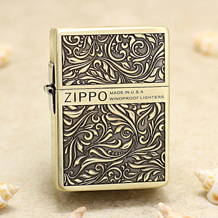 Zippo 1935 Flat Top Brass Deep Carved Arabesque Scroll - CC117