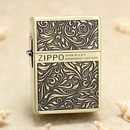 Zippo 1935 Flat Top Brass Deep Carved Arabesque Scroll - CC117