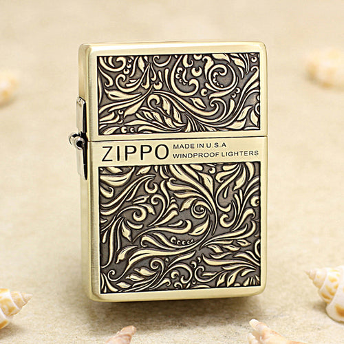 Zippo 1935 Flat Top Brass Deep Carved Arabesque Scroll - CC117