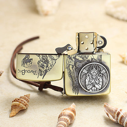 Zippo 1941 Replica Antique Brass Engraved Anubis Silver Coin - CC124