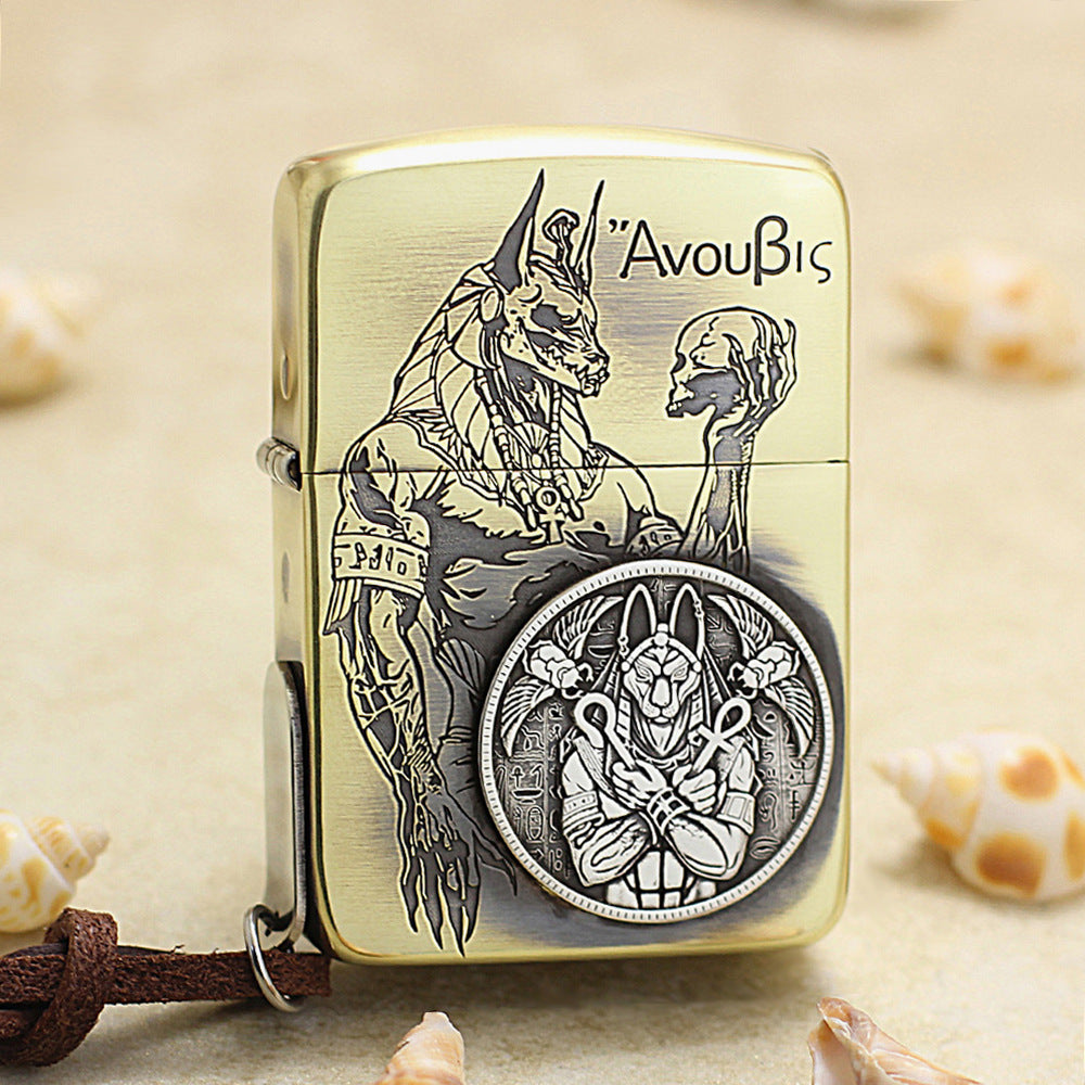 Zippo 1941 Replica Antique Brass Engraved Anubis Silver Coin - CC124