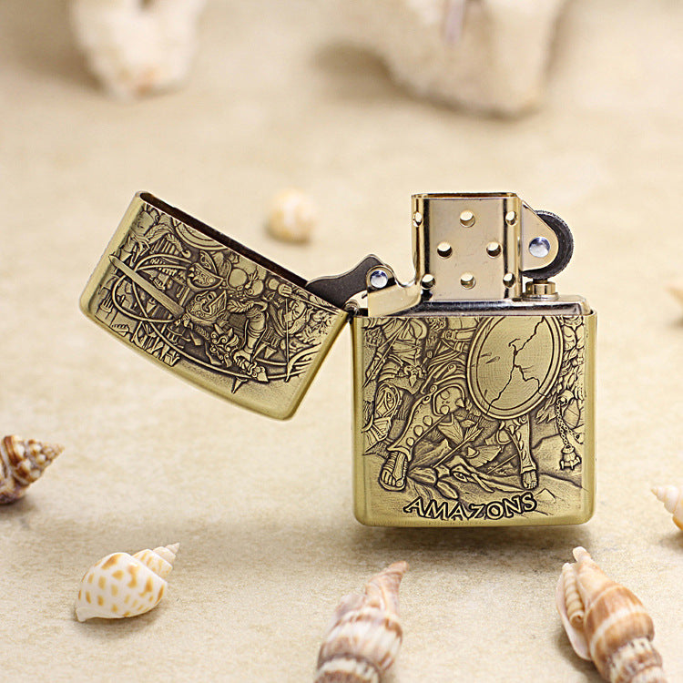 Zippo Antique Brass Deep Carved 3D Amazon Warrior Relief - CC120