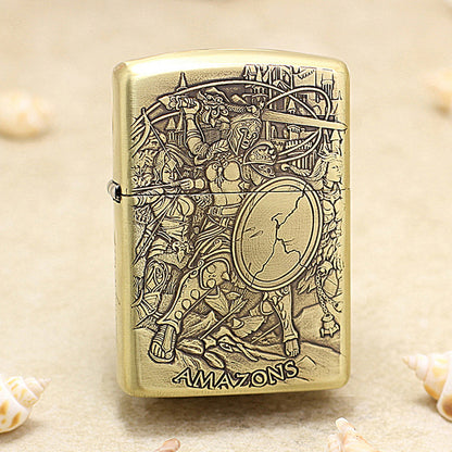 Zippo Antique Brass Deep Carved 3D Amazon Warrior Relief - CC120