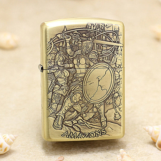 Zippo Antique Brass Deep Carved 3D Amazon Warrior Relief - CC120