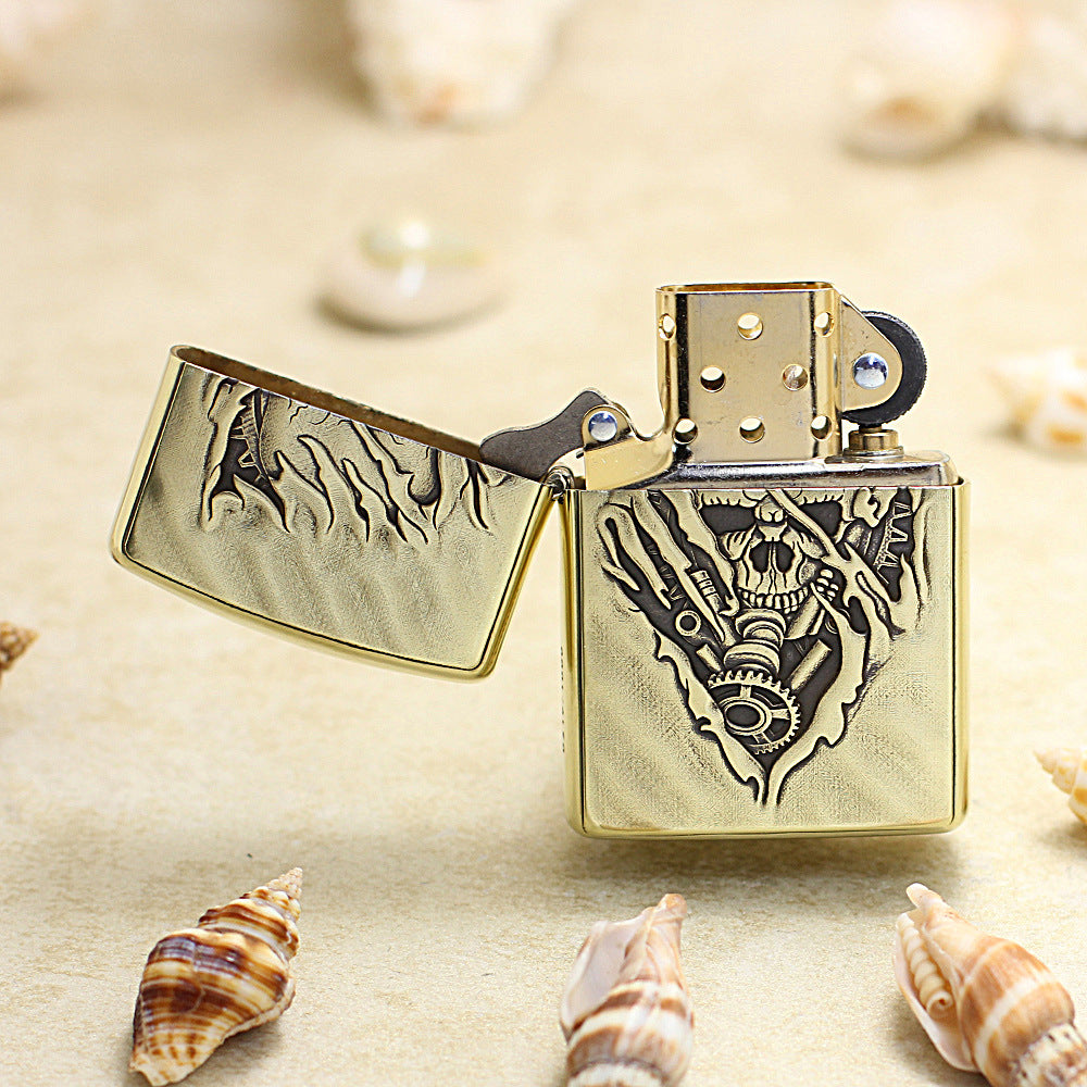 Zippo Antique Brass Deep Carved 3D Skull Tear and Gear - CC139