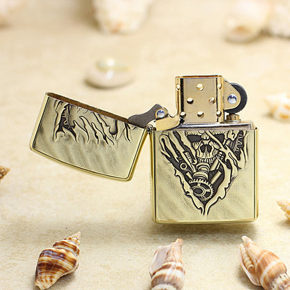 Zippo Antique Brass Deep Carved 3D Skull Tear and Gear - CC139