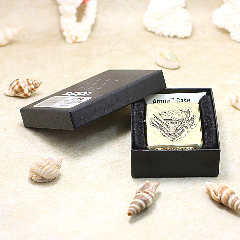 Zippo Antique Brass Deep Carved 3D Skull Tear and Gear - CC139