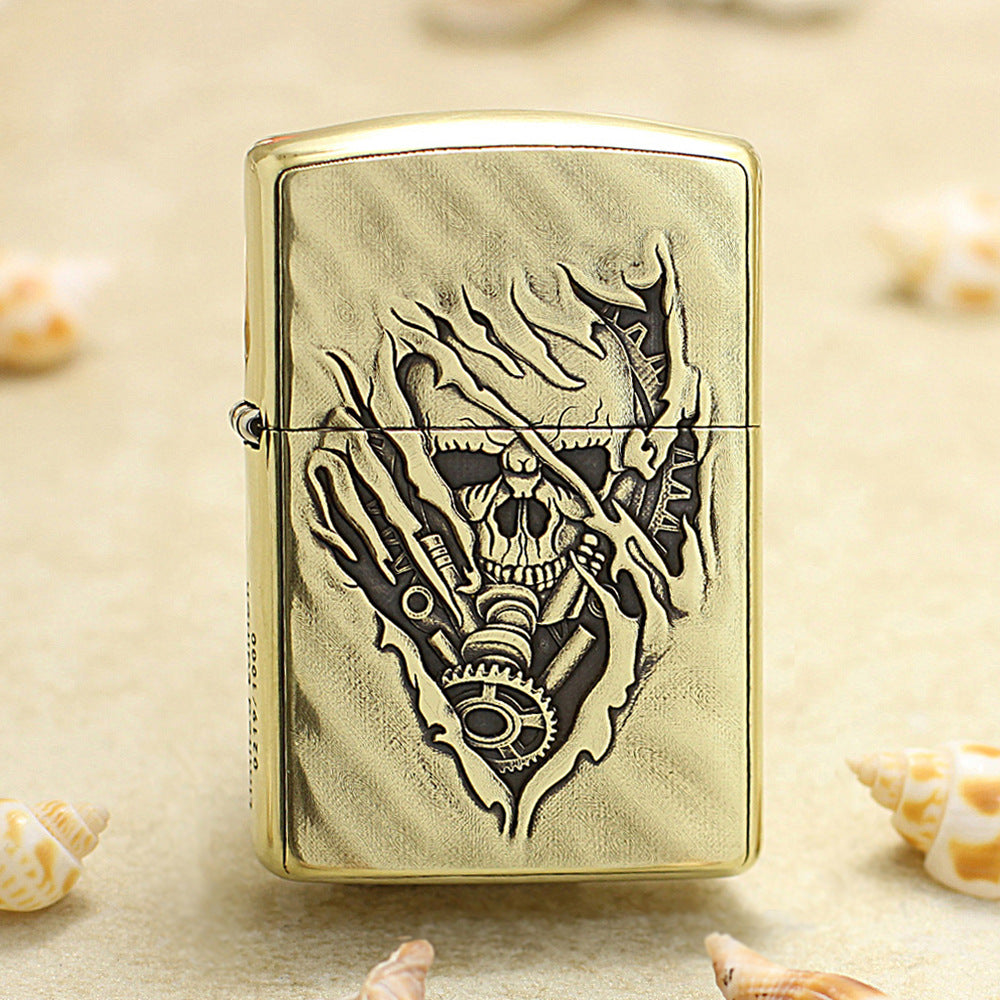 Zippo Antique Brass Deep Carved 3D Skull Tear and Gear - CC139