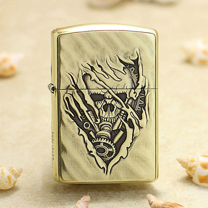 Zippo Antique Brass Deep Carved 3D Skull Tear and Gear - CC139
