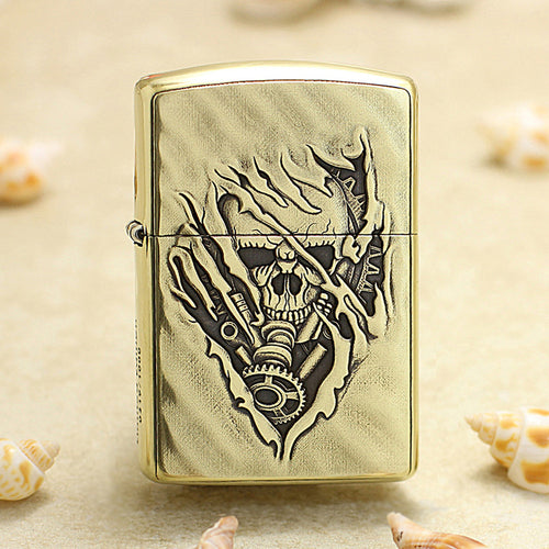 Zippo Antique Brass Deep Carved 3D Skull Tear and Gear - CC139
