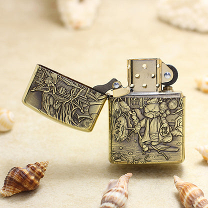 Zippo Antique Brass Deep Carved Cat Scholar Nie Xiaoqian Relief - CC129