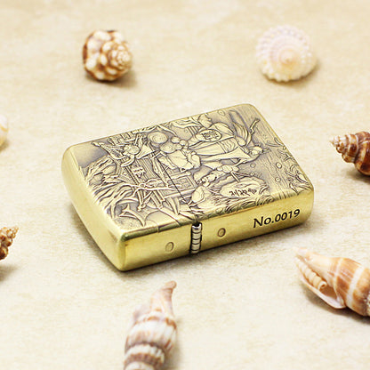 Zippo Antique Brass Deep Carved Cat Scholar Nie Xiaoqian Relief - CC129