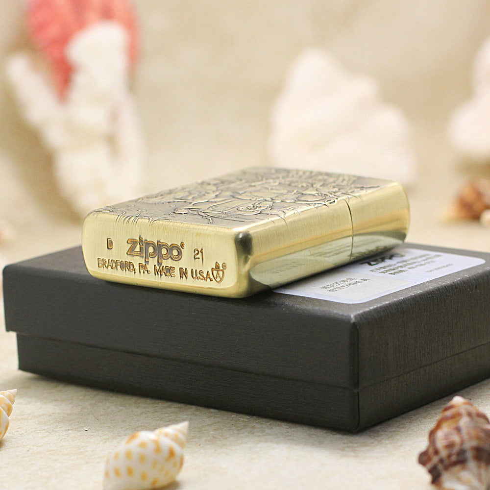 Zippo Antique Brass Deep Carved Cat Scholar Nie Xiaoqian Relief - CC129