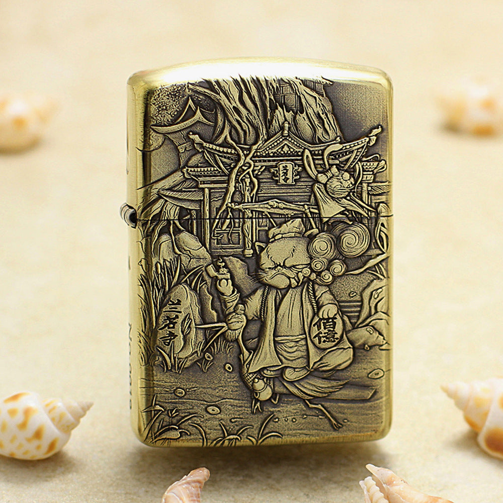 Zippo Antique Brass Deep Carved Cat Scholar Nie Xiaoqian Relief - CC129