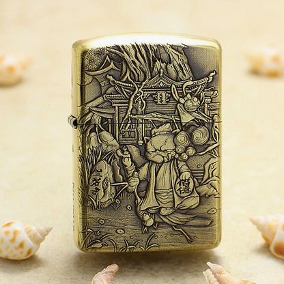 Zippo Antique Brass Deep Carved Cat Scholar Nie Xiaoqian Relief - CC129