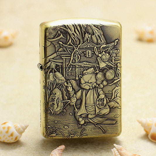 Zippo Antique Brass Deep Carved Cat Scholar Nie Xiaoqian Relief - CC129