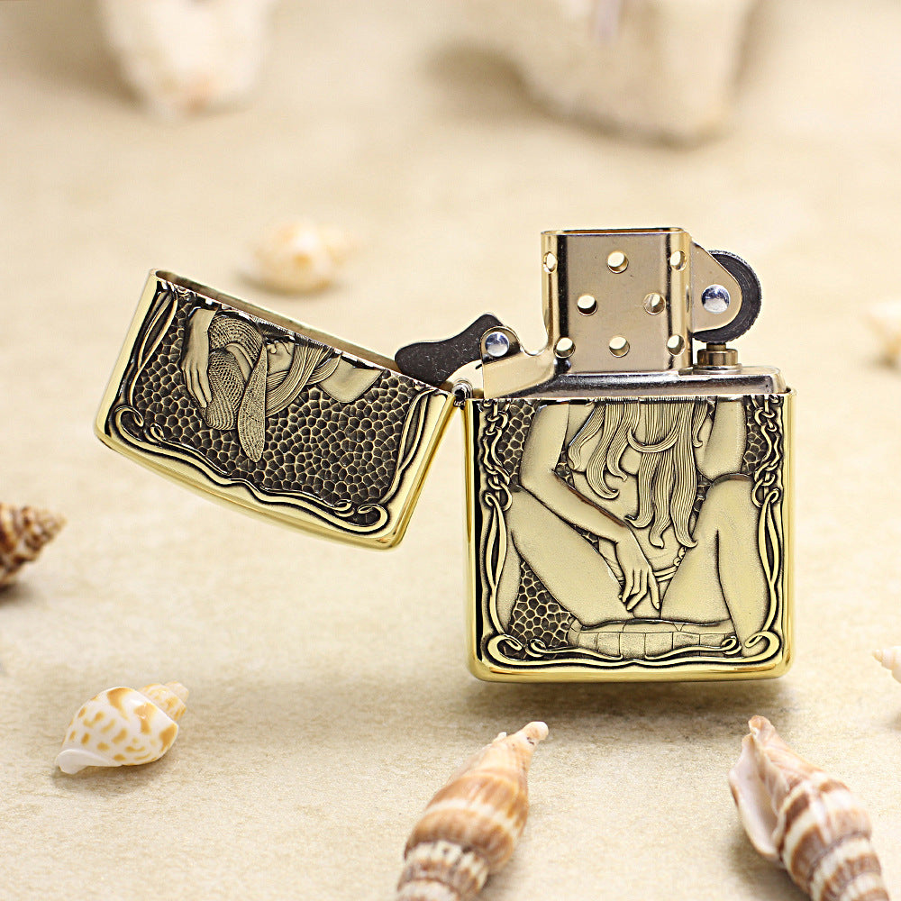 Zippo Antique Brass Deep Carved Cowgirl Pin-Up Relief - CC122