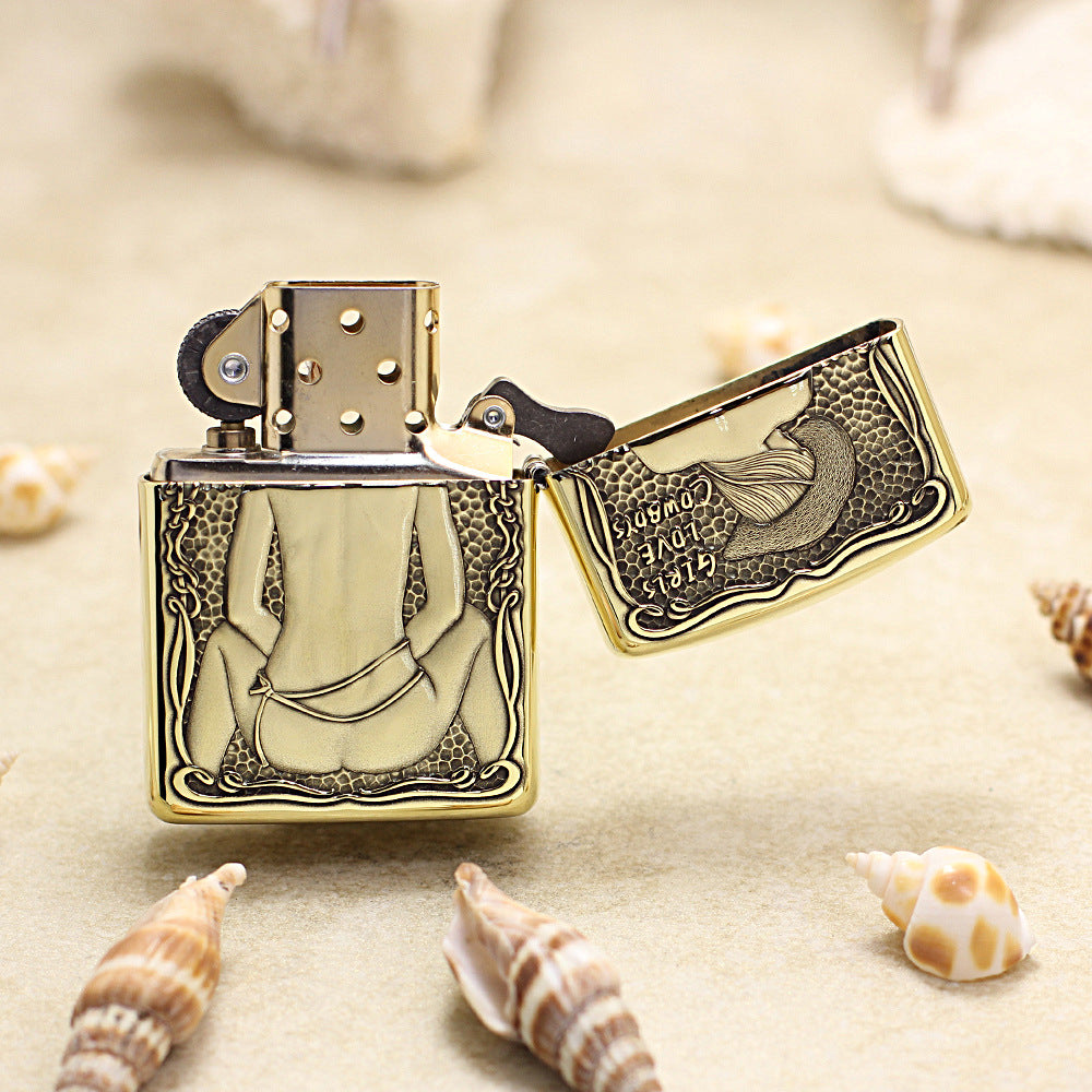 Zippo Antique Brass Deep Carved Cowgirl Pin-Up Relief - CC122