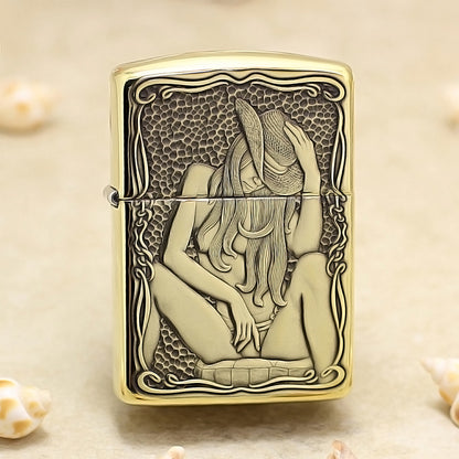 Zippo Antique Brass Deep Carved Cowgirl Pin-Up Relief - CC122