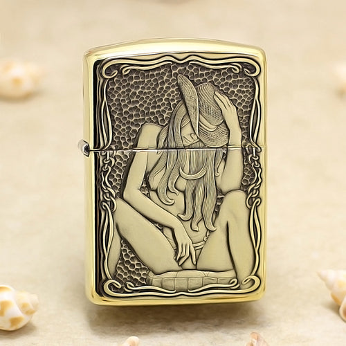 Zippo Antique Brass Deep Carved Cowgirl Pin-Up Relief - CC122