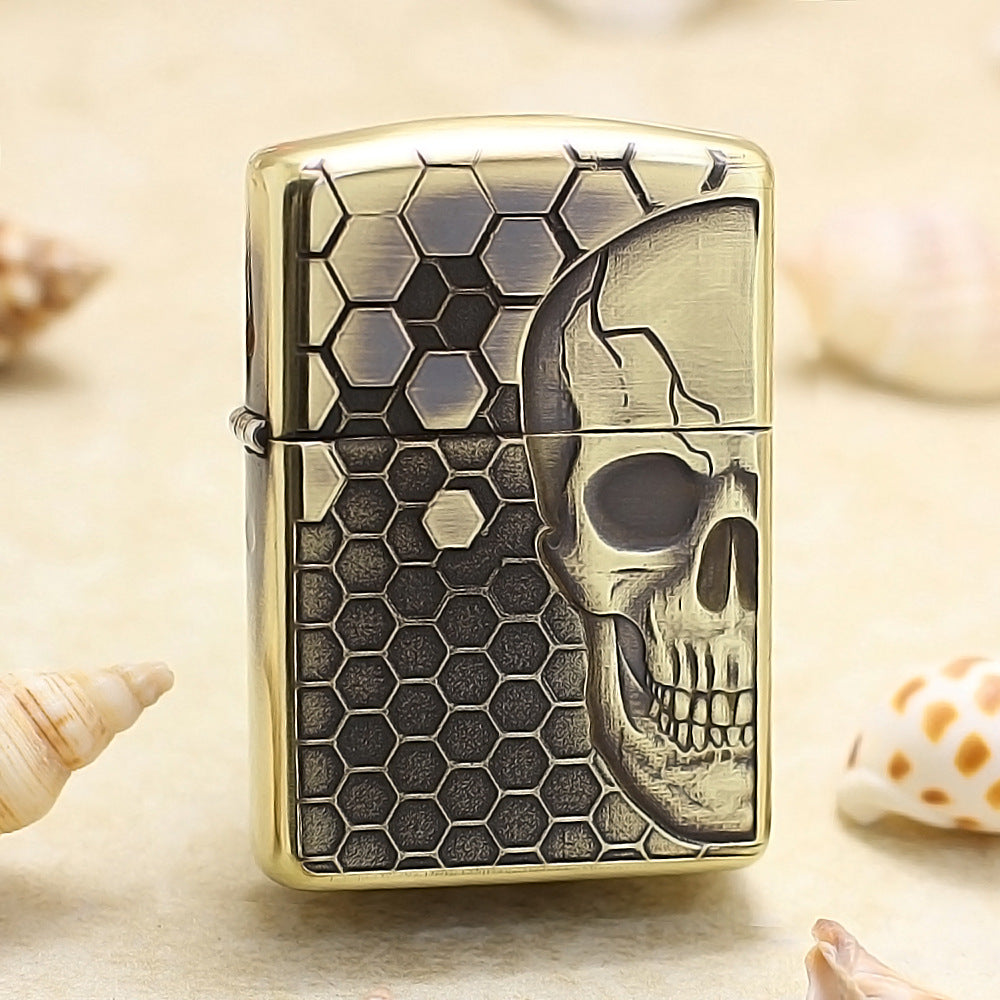 Zippo Antique Brass Deep Carved Honeycomb Half Skull - CC155
