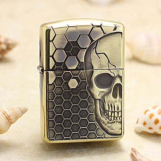 Zippo Antique Brass Deep Carved Honeycomb Half Skull - CC155