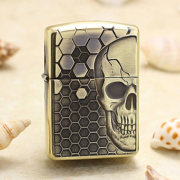 Zippo Vintage Bronze Intricate Engraved Honeycomb Half Skull - CC155
