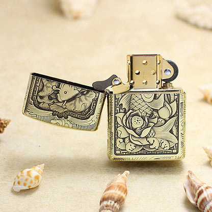Zippo Antique Brass Deep Carved Koi Fish and Lotus Relief - CC142