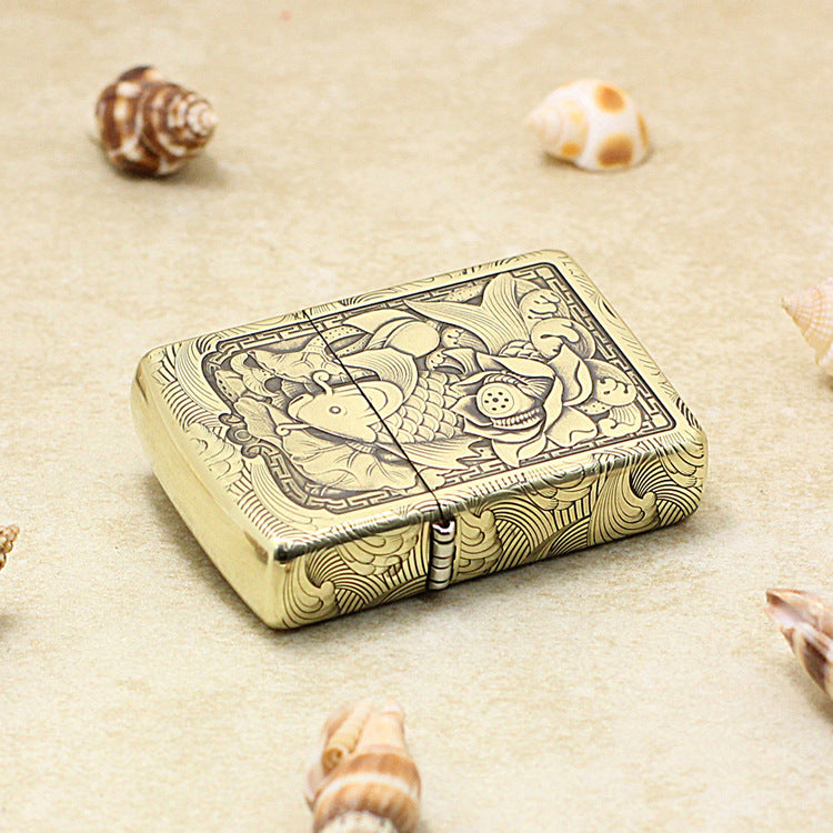 Zippo Antique Brass Deep Carved Koi Fish and Lotus Relief - CC142