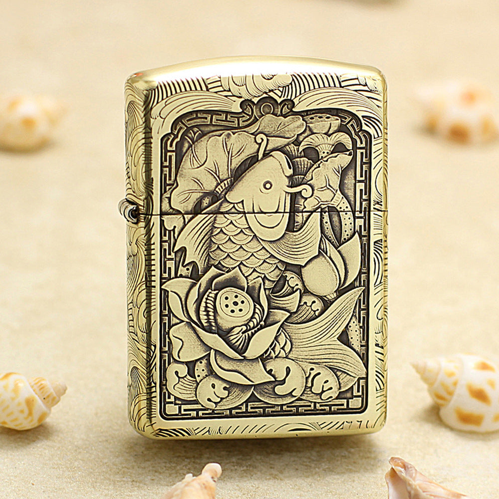 Zippo Antique Brass Deep Carved Koi Fish and Lotus Relief - CC142