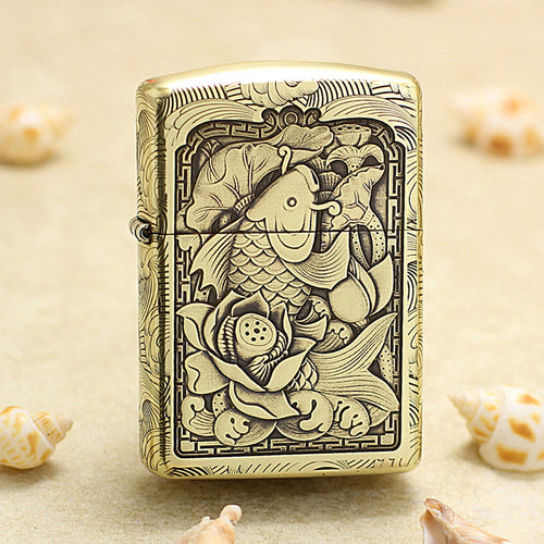Zippo Antique Brass Deep Carved Koi Fish and Lotus Relief - CC142