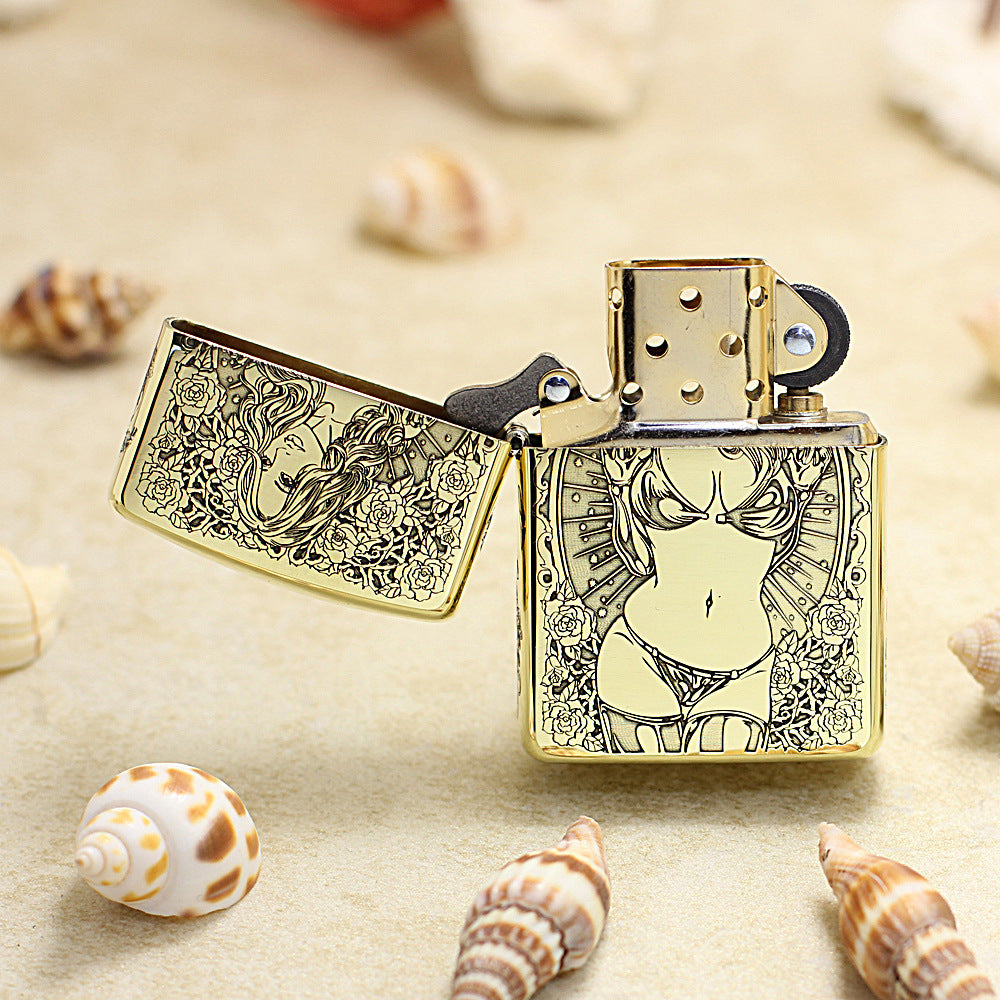 Zippo Antique Brass Deep Carved Skull Pin-Up Girl Character Series - CC153