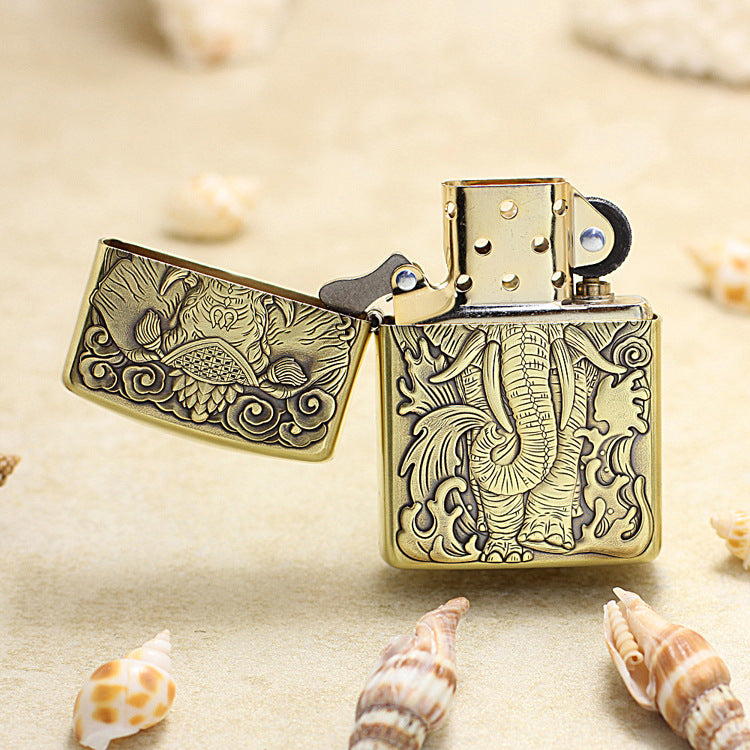 Zippo Antique Brass Deep Carved Mythical Elephant Relief - CC121