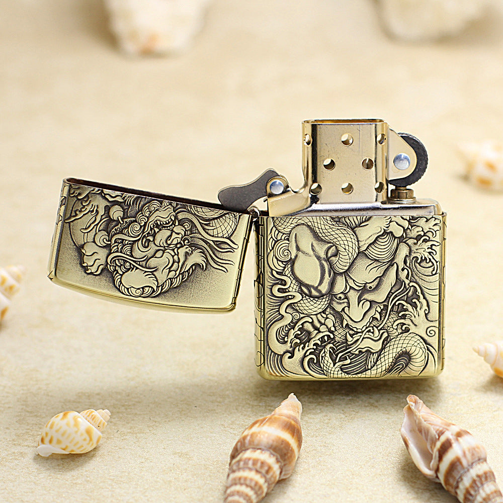 Zippo Antique Brass Deep Carved Mythical Tang Lion and Demon Relief - CC145