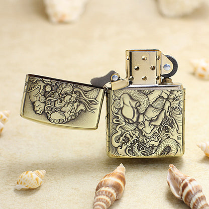 Zippo Antique Brass Deep Carved Mythical Tang Lion and Demon Relief - CC145