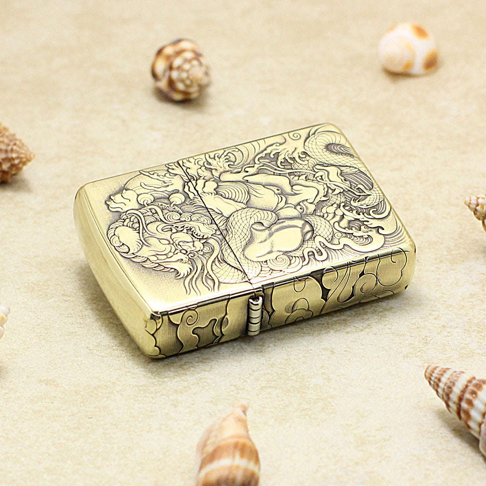 Zippo Antique Brass Deep Carved Mythical Tang Lion and Demon Relief - CC145