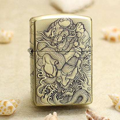 Zippo Antique Brass Deep Carved Mythical Tang Lion and Demon Relief - CC145