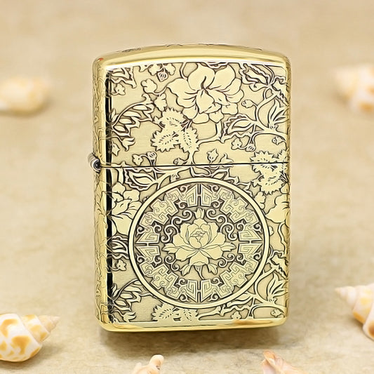 Zippo Antique Brass Deep Carved Peony Flower Wealth and Honor - CC161