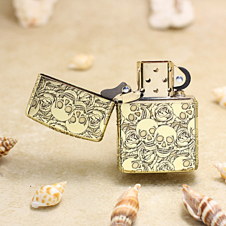 Zippo Antique Brass Deep Carved Skulls and Roses Pattern - CC164