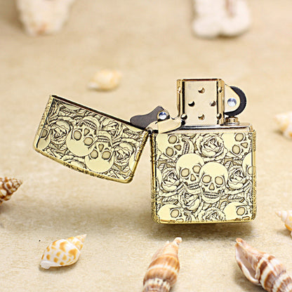 Zippo Antique Brass Deep Carved Skulls and Roses Pattern - CC164