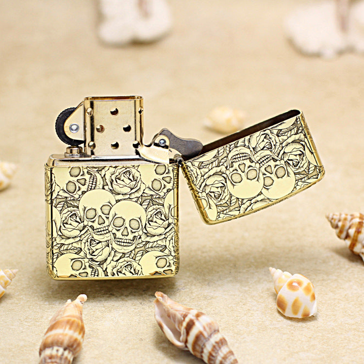 Zippo Antique Brass Deep Carved Skulls and Roses Pattern - CC164