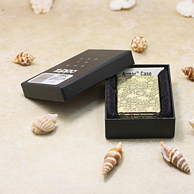 Zippo Antique Brass Deep Carved Skulls and Roses Pattern - CC164