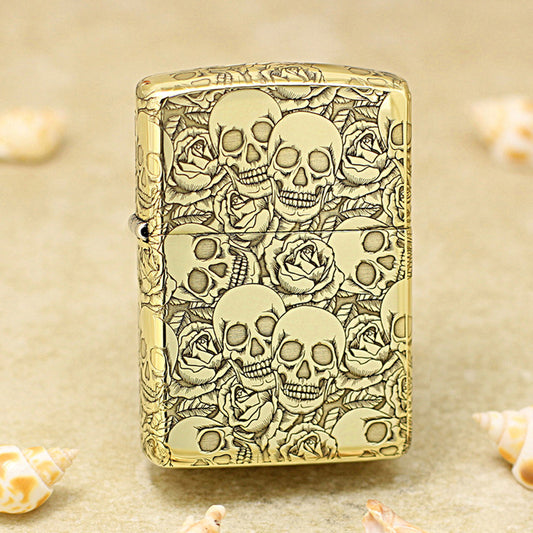 Zippo Antique Brass Deep Carved Skulls and Roses Pattern - CC164