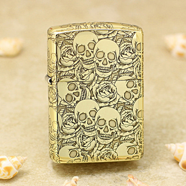 Zippo Antique Brass Deep Carved Skulls and Roses Pattern - CC164