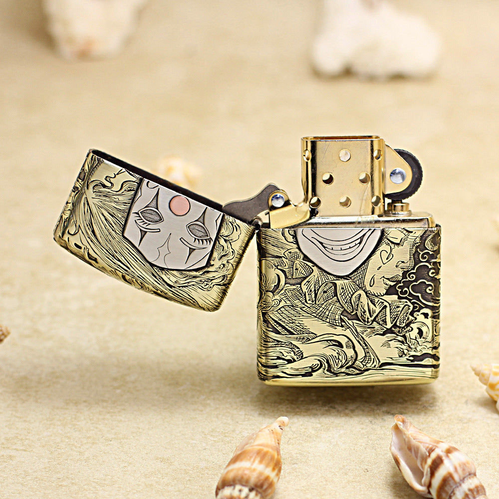 Zippo Antique Brass Engraved Mask Life Clown Emblem - CC110