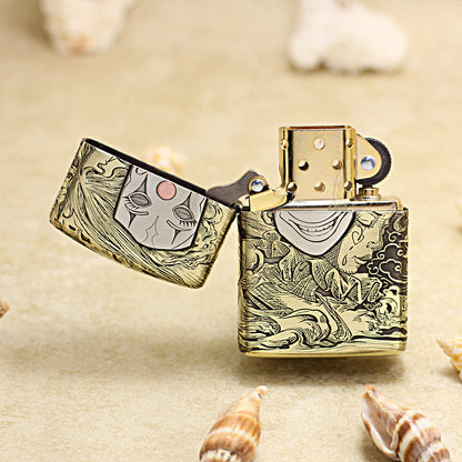 Zippo Antique Brass Engraved Mask Life Clown Emblem - CC110