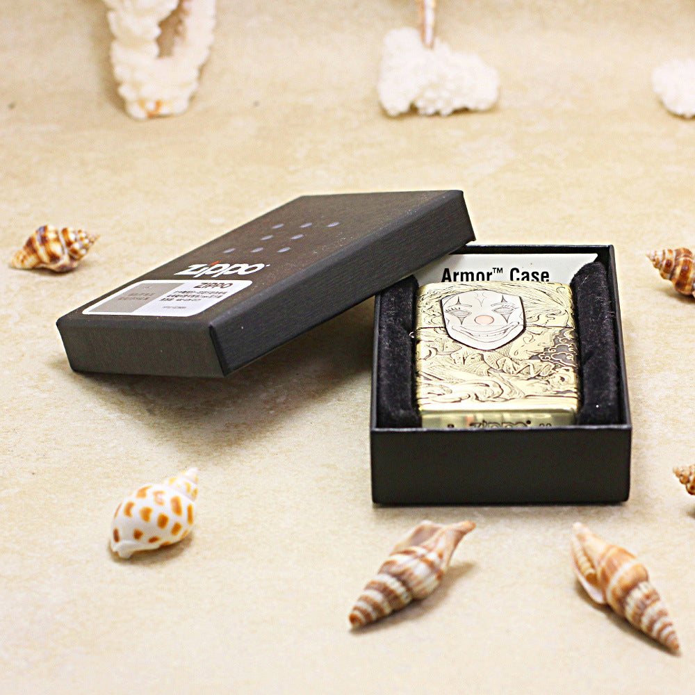 Zippo Antique Brass Engraved Mask Life Clown Emblem - CC110